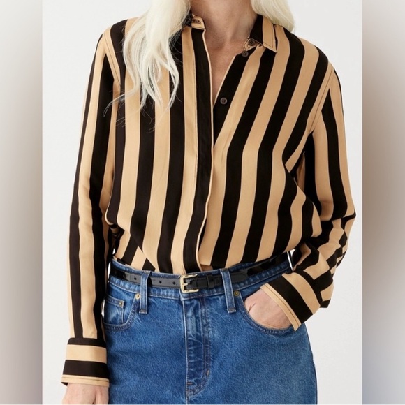 J. Crew Tops - J. Crew | Classic Fit Cupro Blend Shirt In Stripe Black and Tan Size 6 NWT